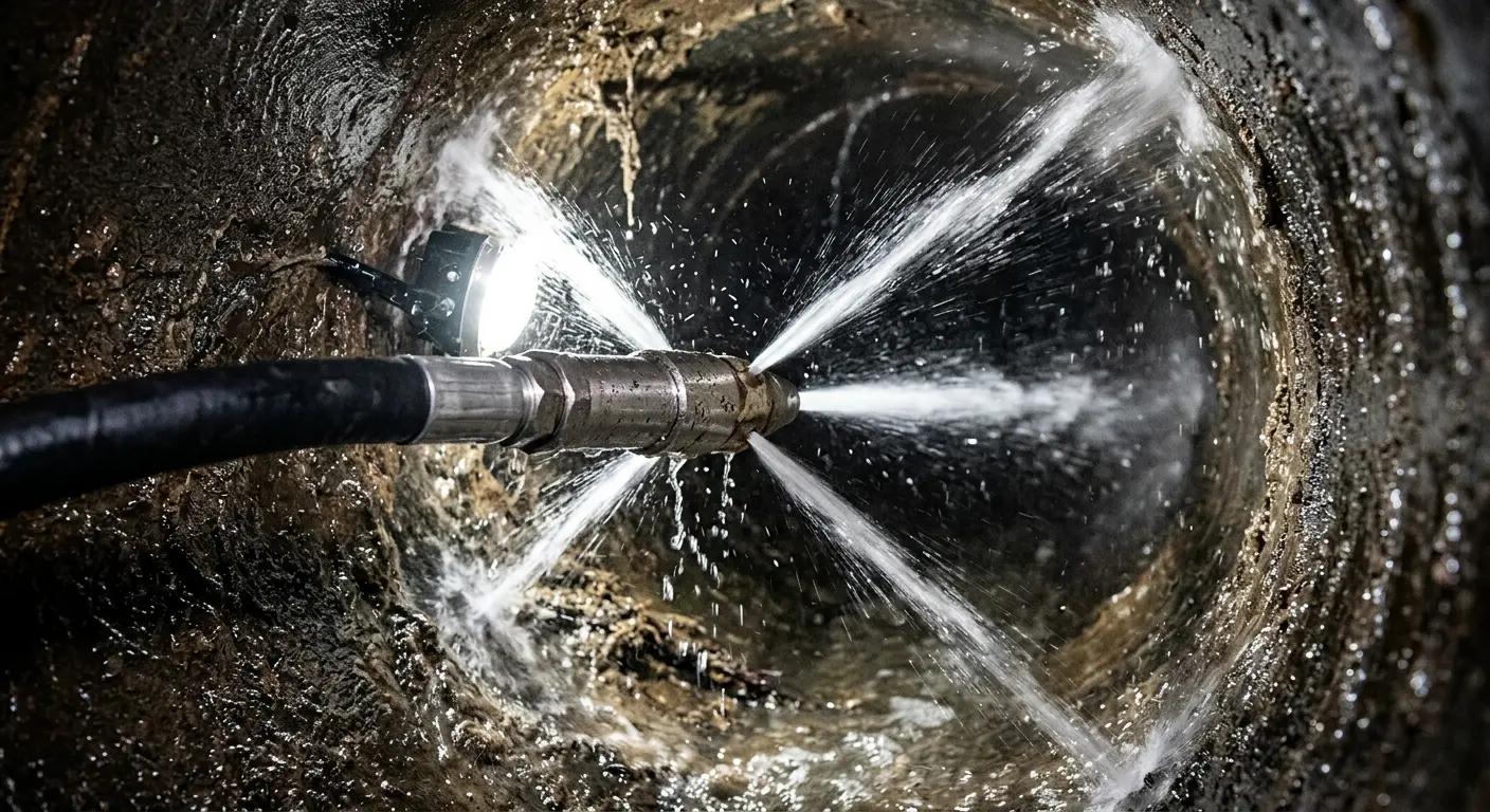 High-pressure hydro jetting nozzle cleaning sewer pipe for Trenchless Sewer Repair in Ferndale