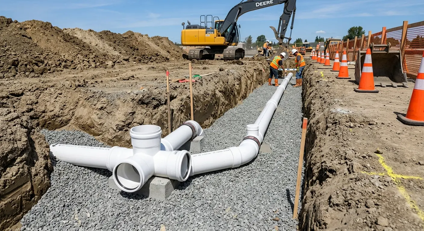 New PVC sewer pipe installation in open trench for Sewer Backup in Ferndale