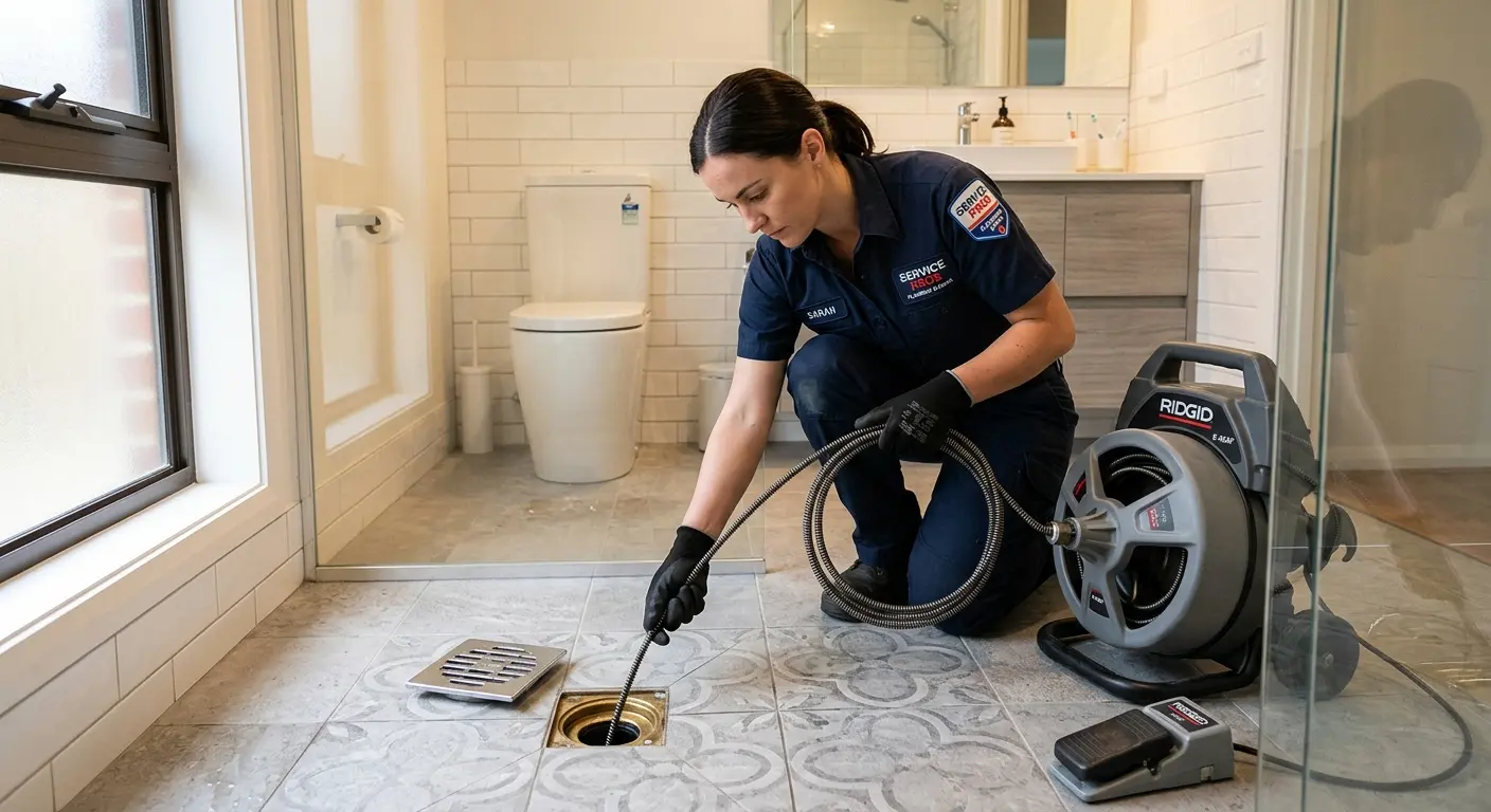 Technician clearing a bathroom floor drain for Hydro Jetting in Ferndale